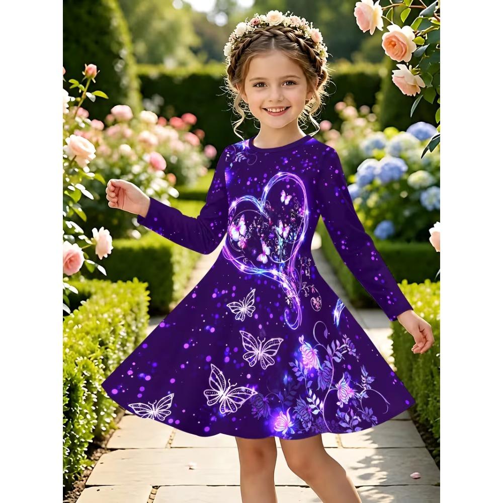 Girls' 3D Heart Butterfly Dress Long Sleeve Summer Spring Vacation Daily Holiday Princess Beautiful Sweet Kids 4-12 Years Casual Dress A Line Dress