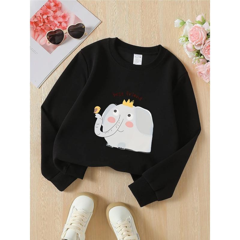 European sizes Kids' Cute Elephant Bird & Crown Print Round-Neck Hoodie - Soft Spring/Fall Casual & Sportswear, Playful ' with Easy Care, Regular Fit