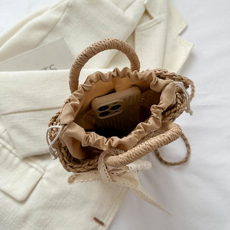 Women Straw Woven Handbag Daisy Flower Lace Bow Summer Beach Bag Small Tote Crossbody Boho Style Shoulder Bag