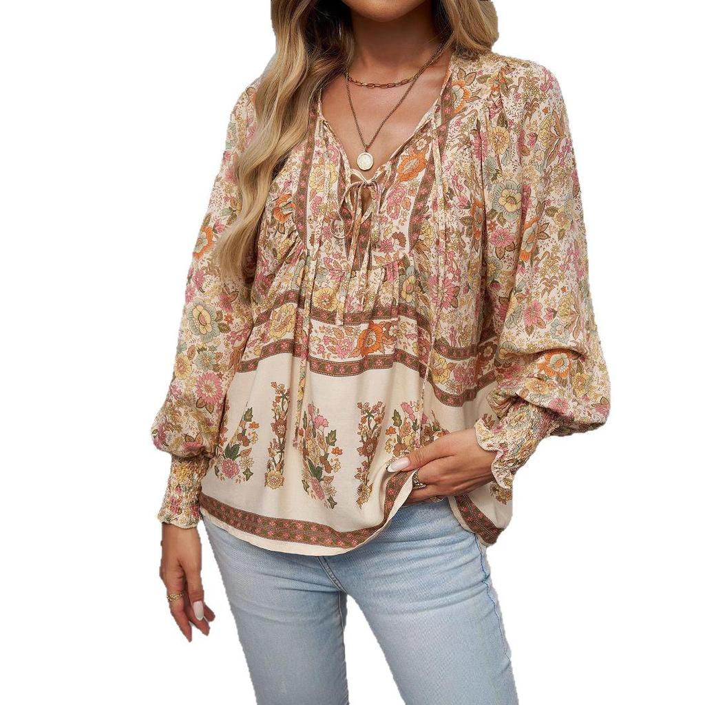 2025 Bohemian V-Neck Lace-Up Long-Sleeve Loose Fit Top for Women