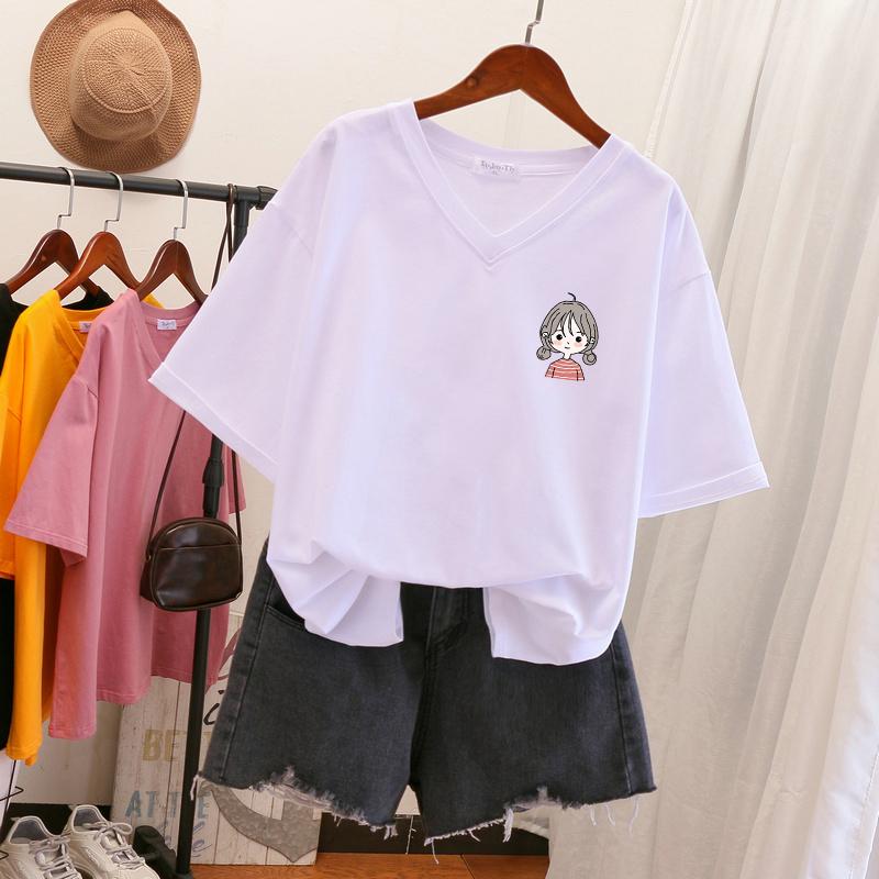 

Женская футболка с коротким рукавом, большого размера, свободная и стройнящая, топ с V-образным вырезом с принтом S белый