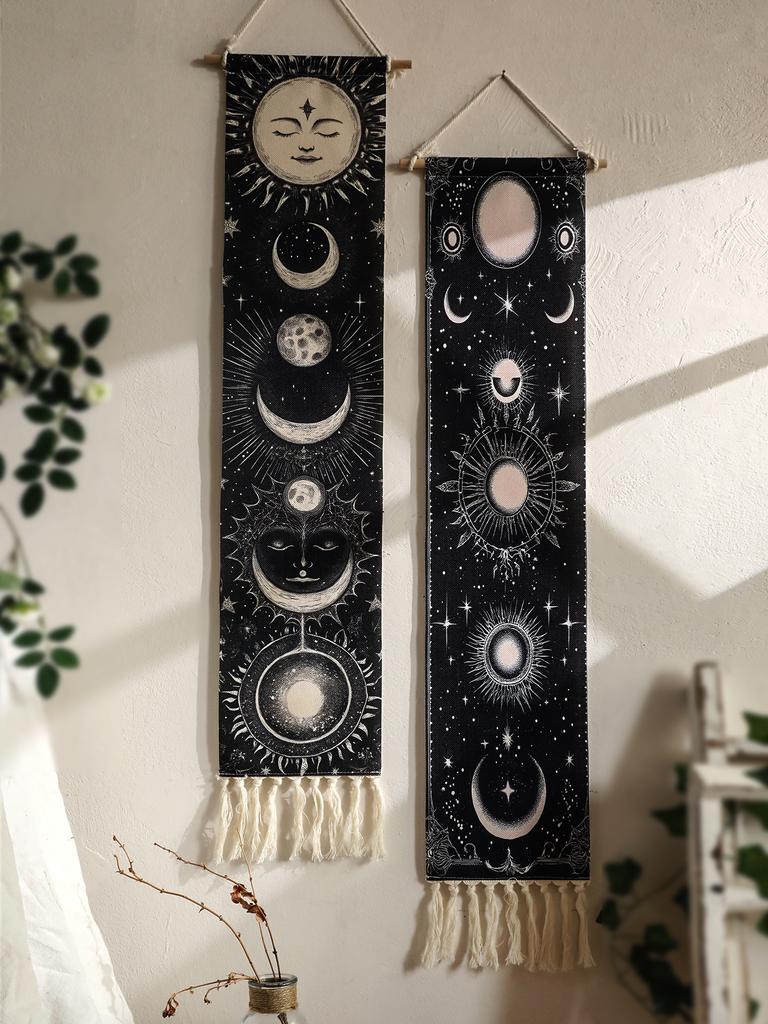 1pc Boho Celestial Wall Hanging Tapestry, Moon Phase Black and White Banner with Tassel, Witchy Bedroom Home Wall Art Decoration