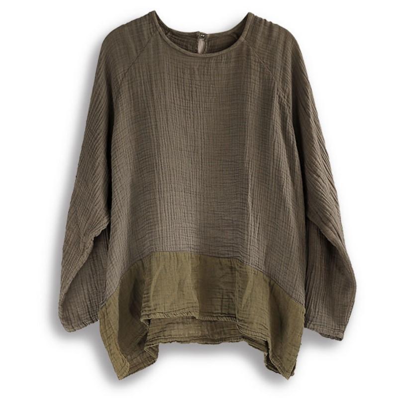 Johnature Solid Color Splicing Long Sleeves O-Neck T-Shirt Woman Autumn Fashion Vintage Style Loose T-Shirt