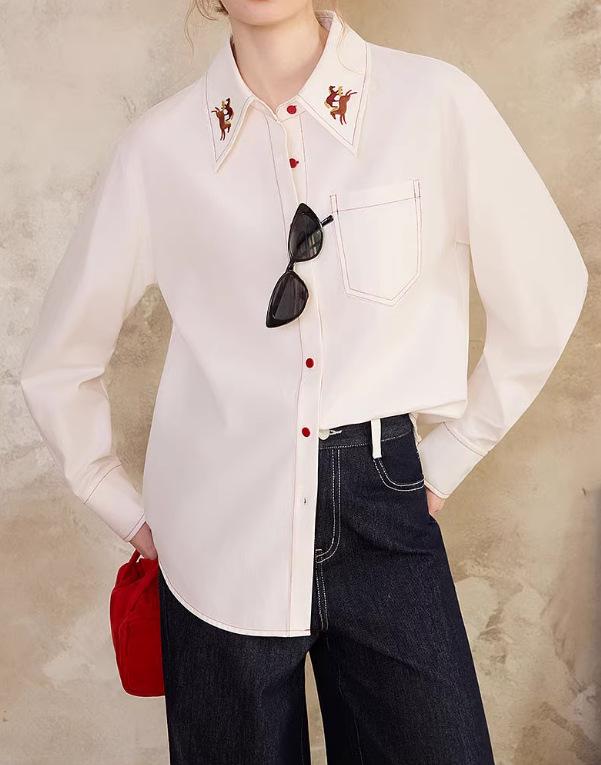 Women s Loose Embroidered Brushed Tencel Shirt - Spring 2026 Medium белый