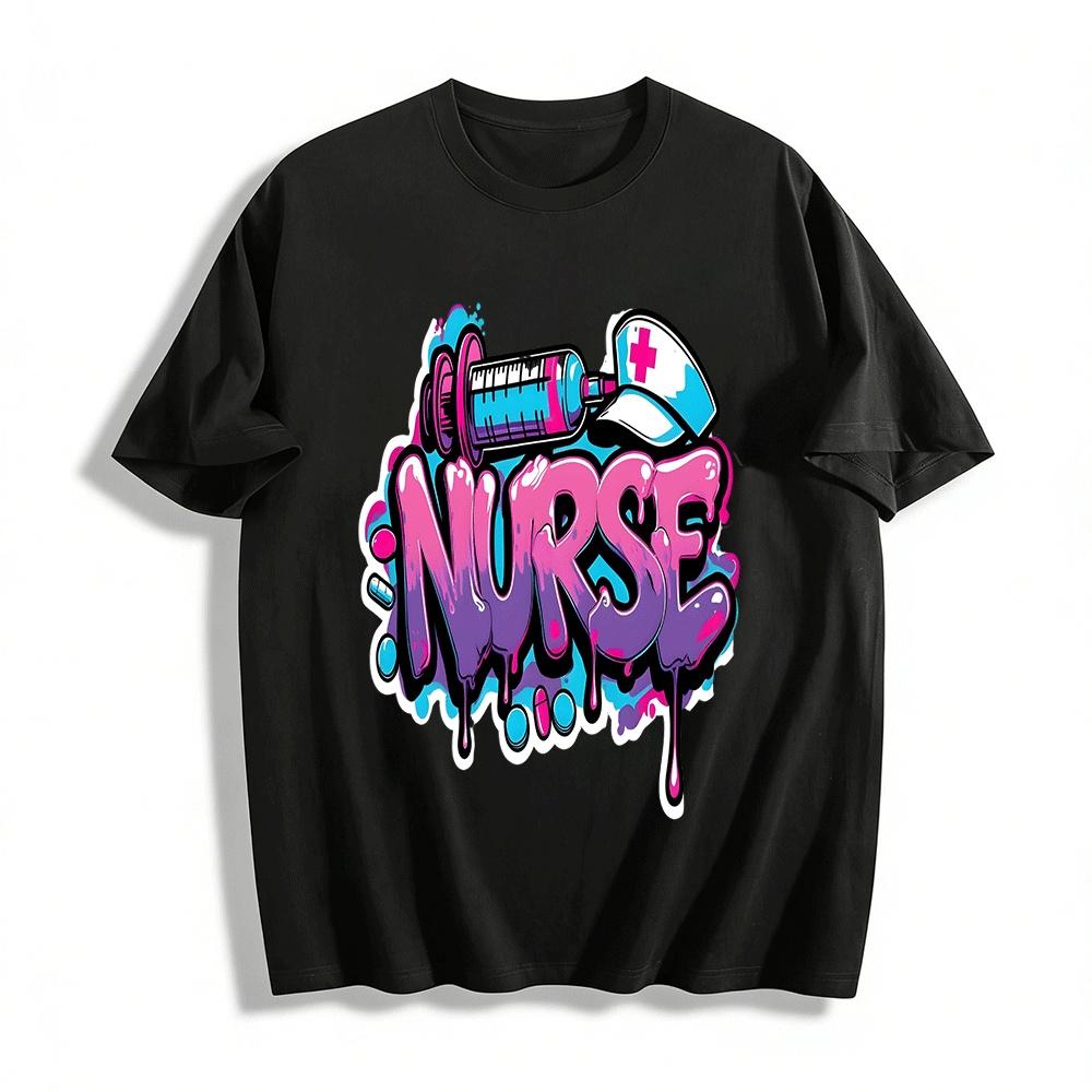 Graffiti Style Nurse Themed Graphic Casual Top Pure cotton T-shirt XXS