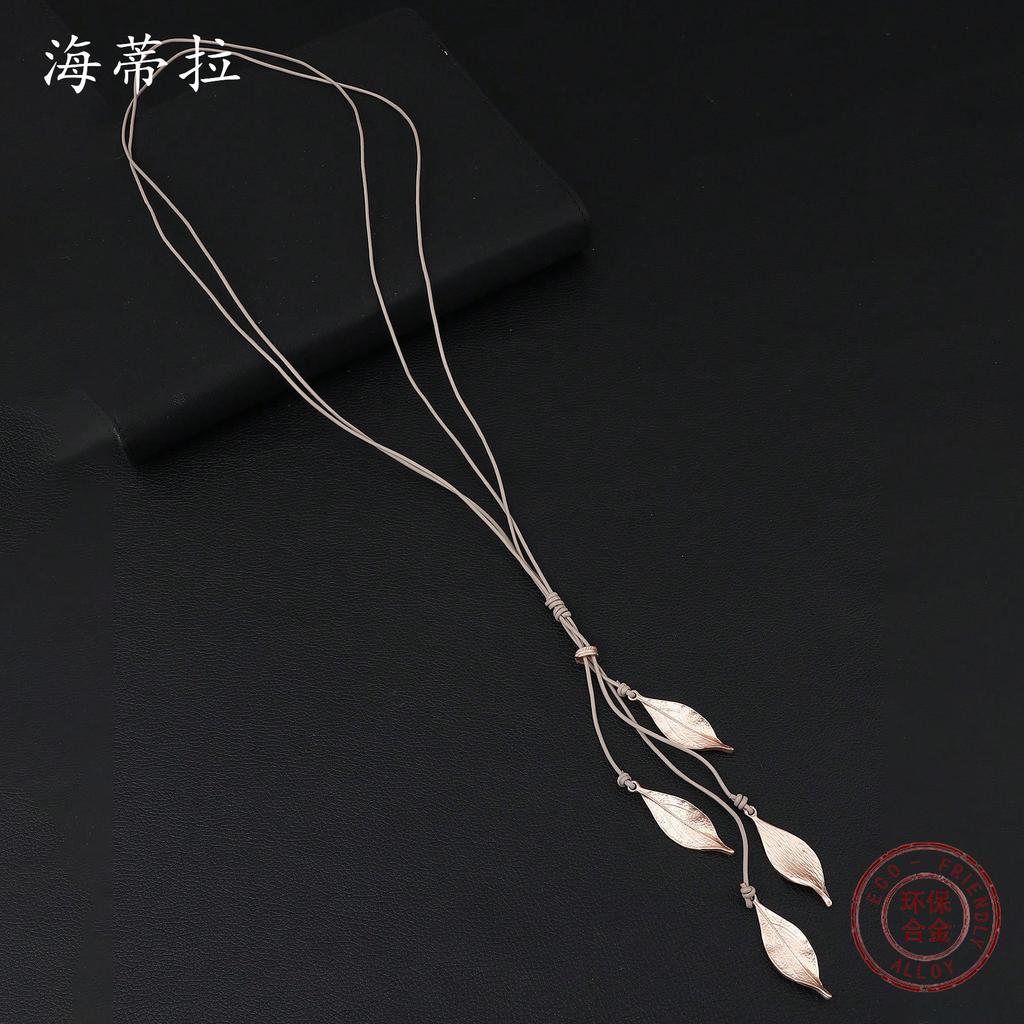 Nowy wisiorek z liściem z frędzlem, damski spersonalizowany stopowy łańcuszek do swetra z rzemienia ze skóry bydlęcej w kształcie liścia