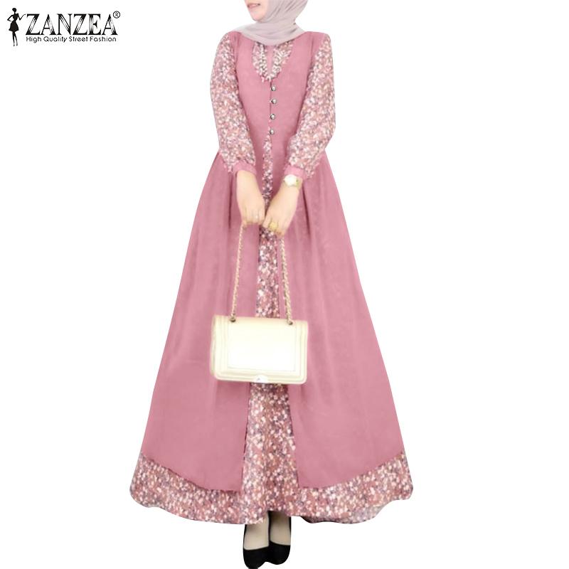 ZANZEA Women Casual Floral Print Long Sleeve Fake Two Piece Long Dress