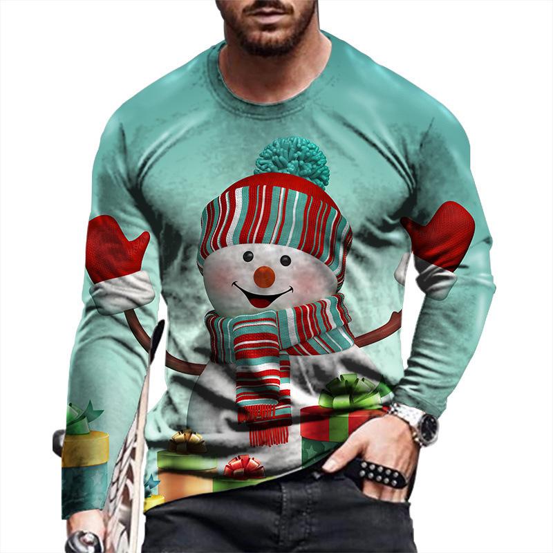 Round Neck 3D Christmas Pattern Top Casual Long Sleeved Men's T-shirts - Soft Medium Stretch Polyester Fabric Spring and Autumn Relaxed Fit Clothing