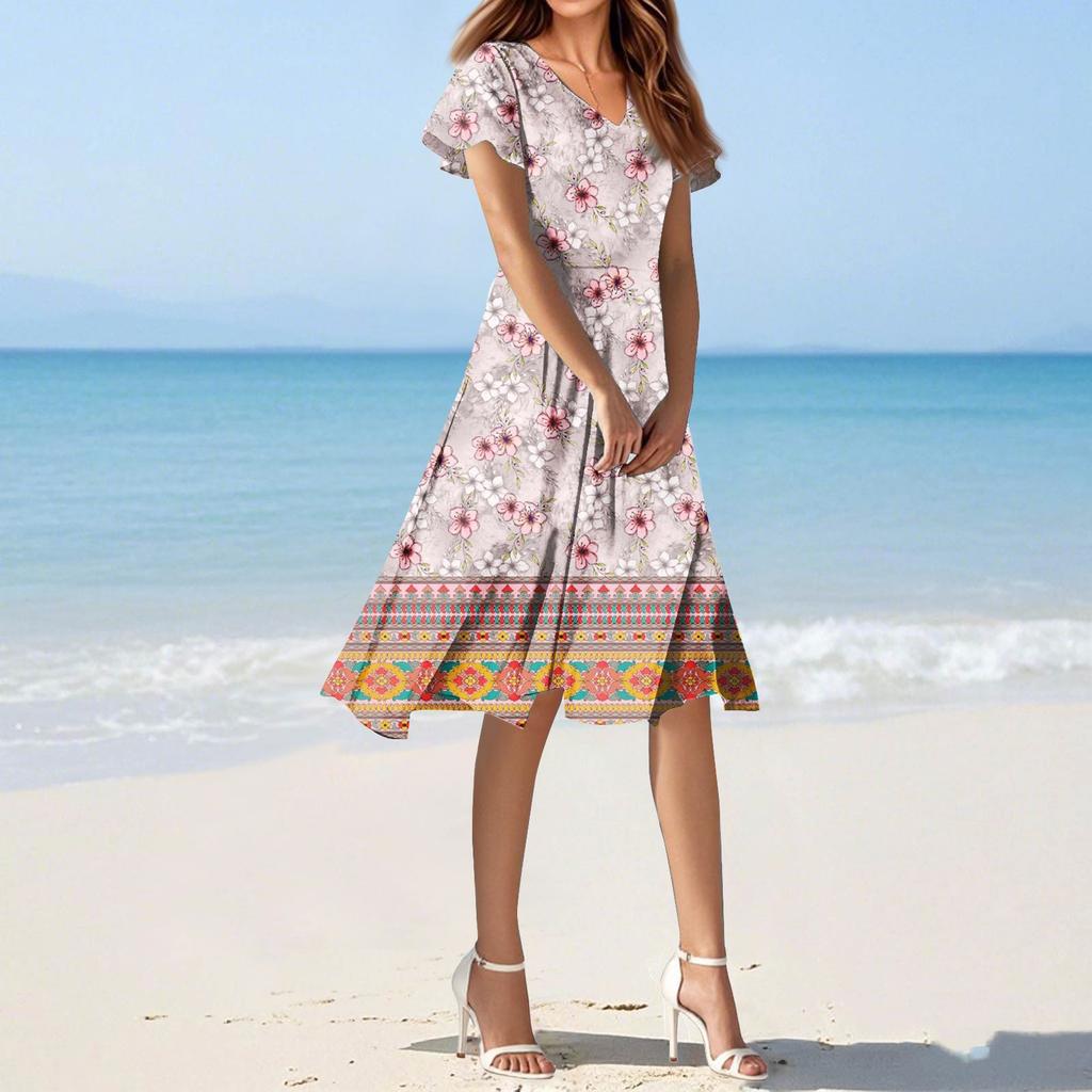 Women's Summer Casual Fashion Flower Print Dress V Neck Short Sleeve Short Skirt