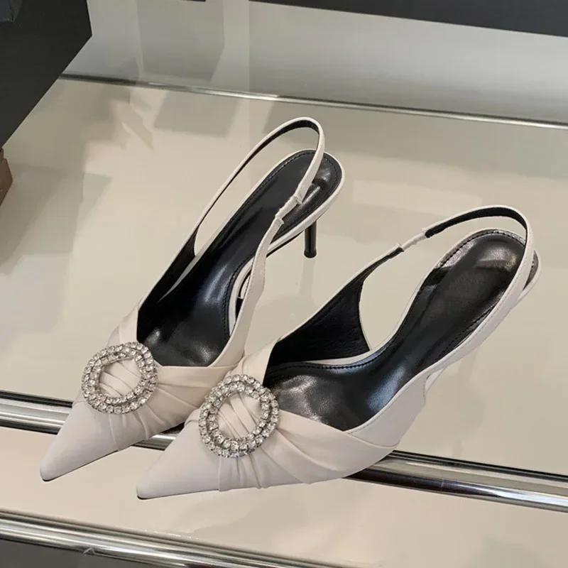 Fashion Luxury Design Rhinestone Buckle Women Pumps Cozy Silk Pointed Toe Party Prom Shoes Slingback High Heels Mules Heeled Sandals