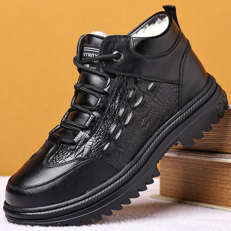 

Шерстяные зимние хлопковые ботинки с высоким верхом, бархатные кожаные ботинки, мужская обувь среднего возраста, большой размер, утепленные зимние ботинки, толстая подошва, теплые зимние, нескользящие 48 чёрный