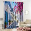 2pcs   2D FLAT PRINTING Curtains (Without Rod) Blue Bloom Street Popular Curtains Durable 100% Polyester Fabric Curtains Holiday
