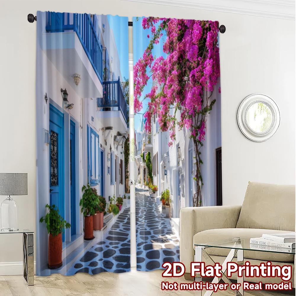 2pcs   2D FLAT PRINTING Curtains (Without Rod) Blue Bloom Street Popular Curtains Durable 100% Polyester Fabric Curtains Holiday