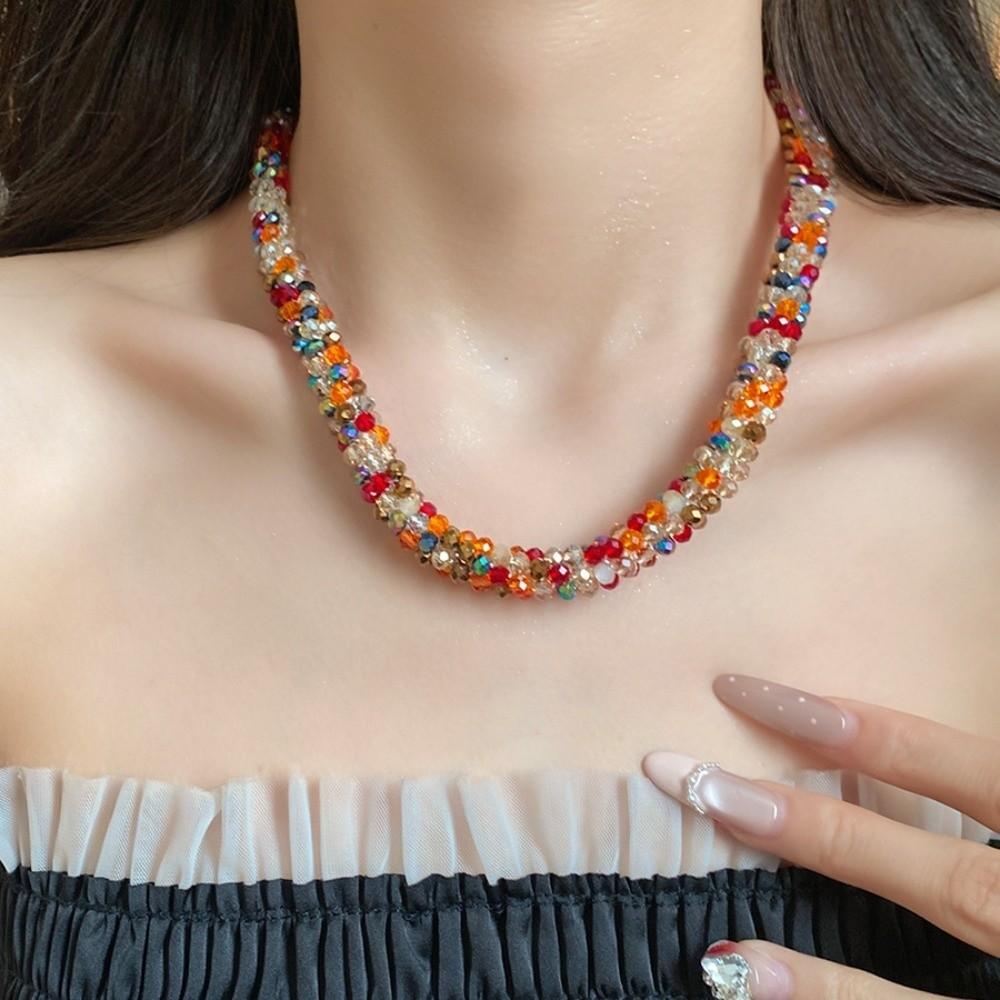 Colored Glass Bead Women's Neck Chain Magnetic Openable Retro Lovers Choker  Travel