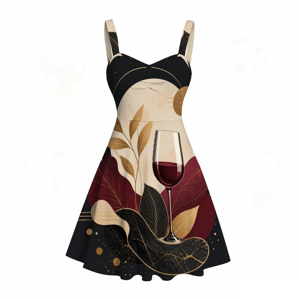 Women Plus Size Spaghetti Strap Off Shoulder Dress Elegant Wine Glass Golden Marble Leaf Art Print Swing Dress