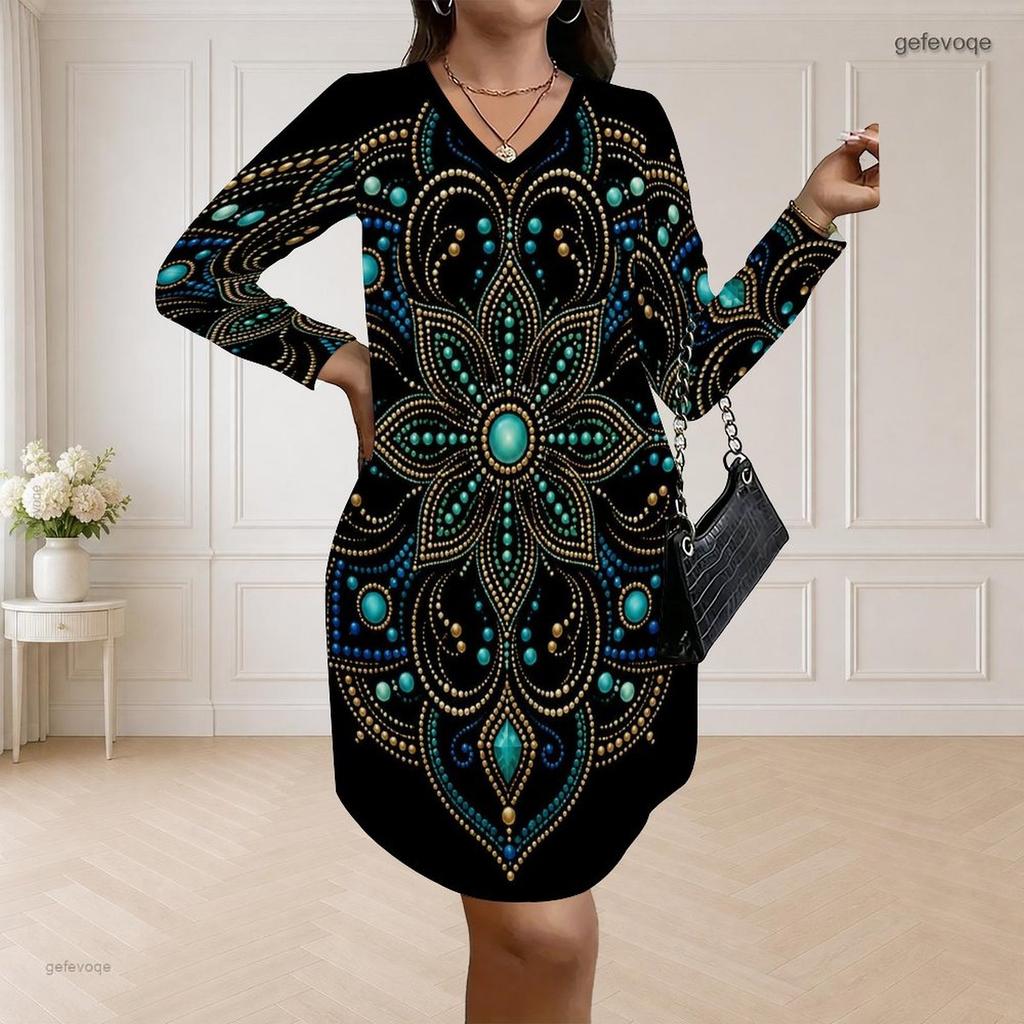 Women Plus Size V Neck Long Sleeve Black Floral Printed Loose Curved Hem Dress