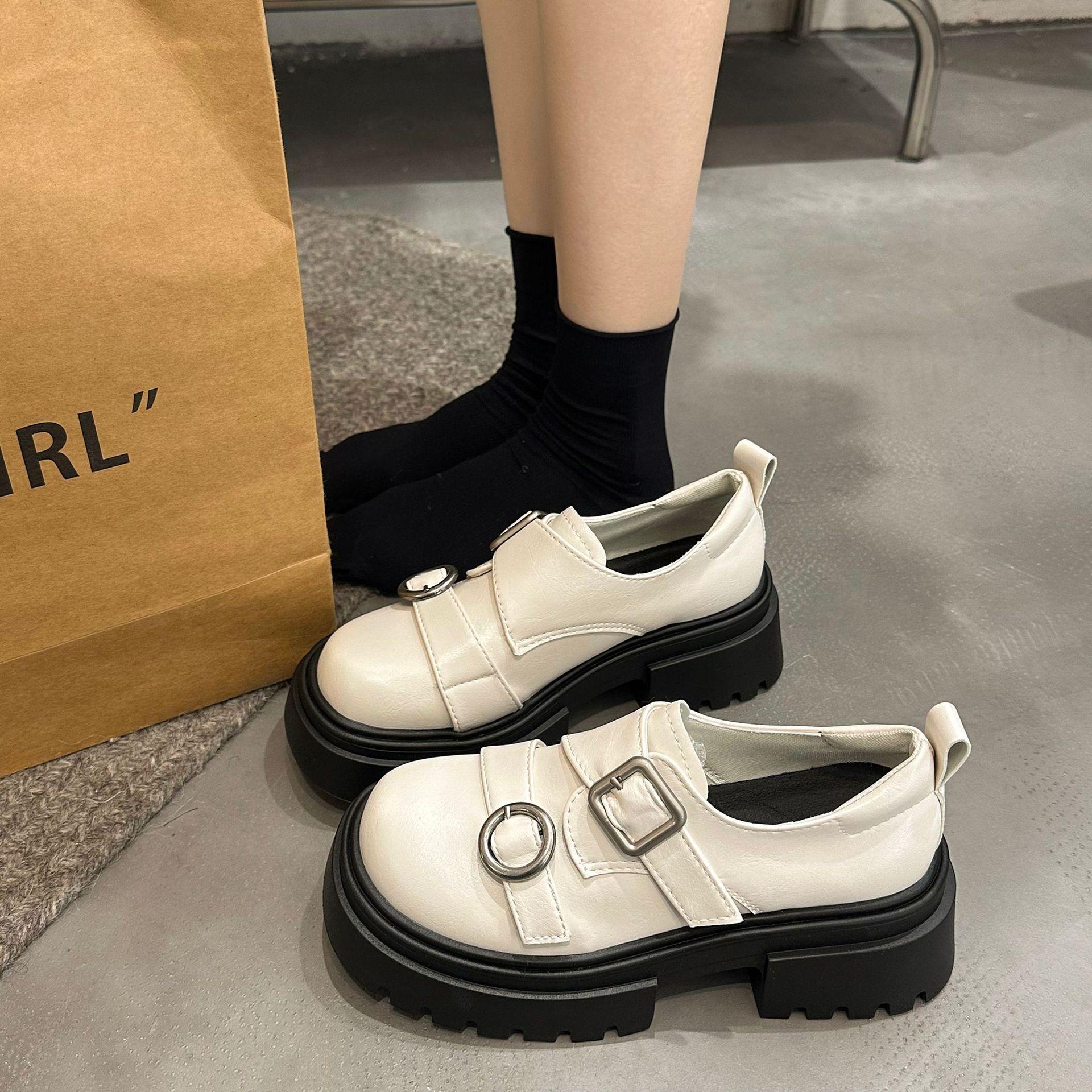 

Женские осенние новые универсальные повседневные маленькие кожаные туфли на толстой подошве, с мягкой подошвой, с круглым носком и пряжкой-лофером, на толстом каблуке, одинарные туфли 35