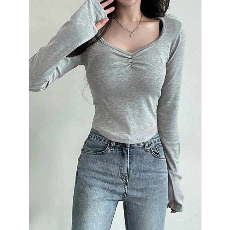 Dámská móda Ležérní jaro podzimní jednobarevné halenky a košile s dlouhým rukávem a výstřihem do V