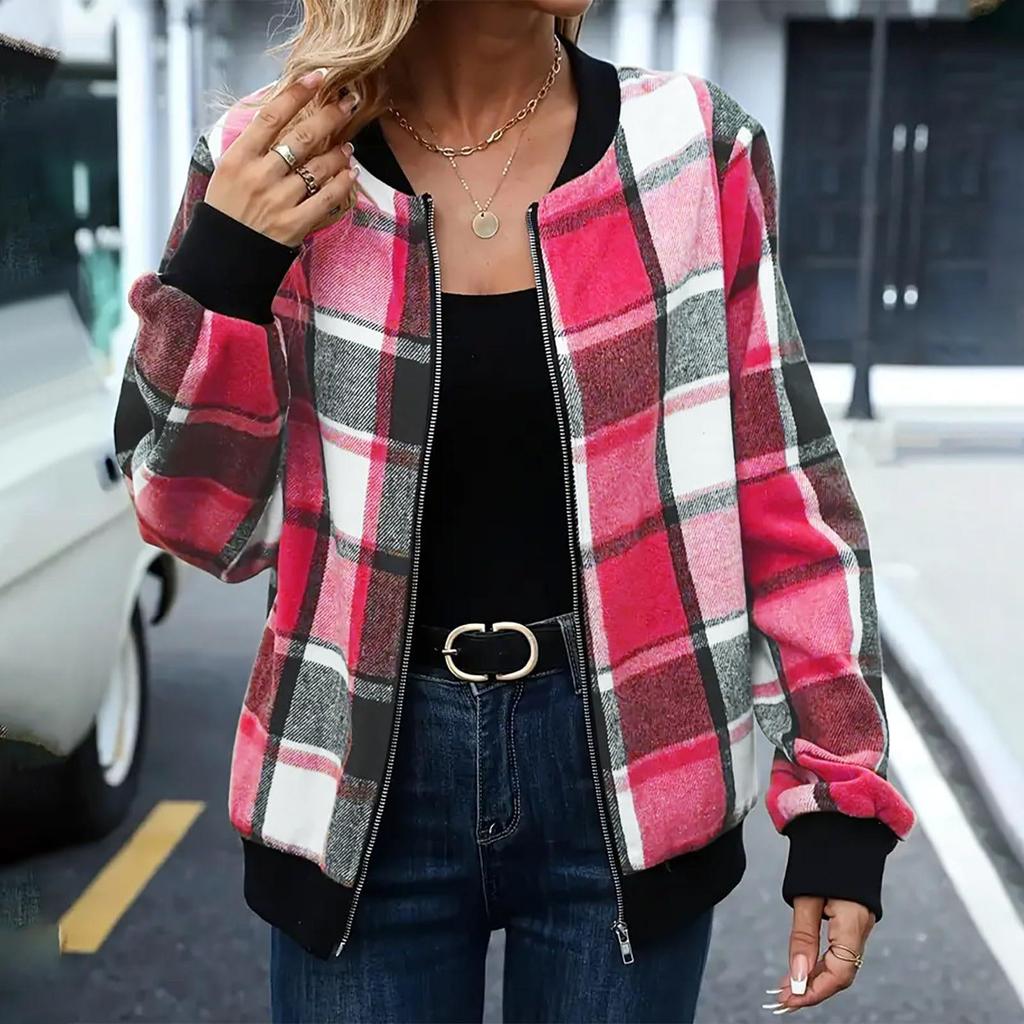 2025 Women's Plaid Zipper Baseball Jacket for Autumn/Winter