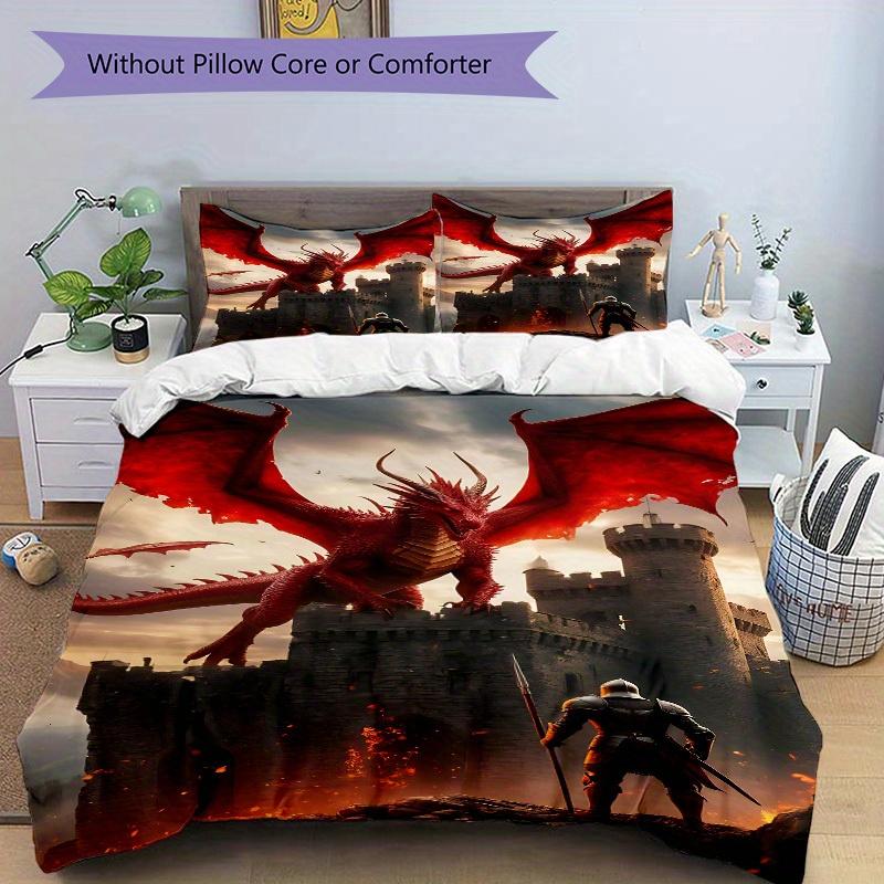 3pcs Dragon Castle 1Cover + 2Pillowcases, PillowInserts NotIncluded, Machine Washable, All - Season Use, Suitable for Bedroom Guest Room84
