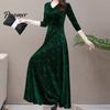 Long Dress V Neck Sleeves Waist Tight A-Line Unique Pattern Women Spring Autumn Pleated Loose Hem Solid Color Velvet Maxi Party