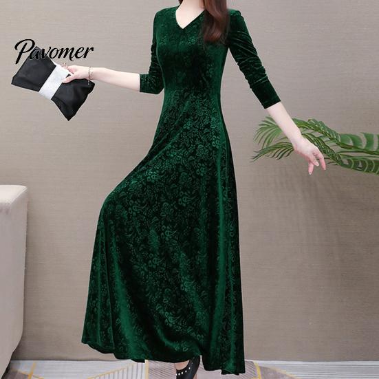 Long Dress V Neck Sleeves Waist Tight A-Line Unique Pattern Women Spring Autumn Pleated Loose Hem Solid Color Velvet Maxi Party