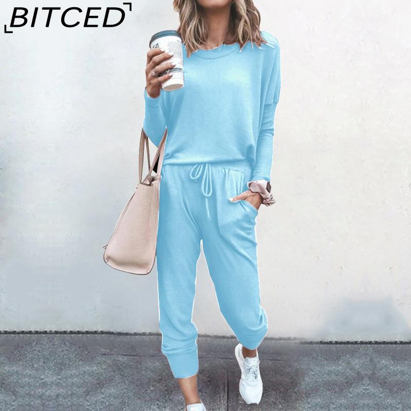 BITCED Spring and Autumn Women's Loose Solid Colour Long Sleeve Long Pants Casual Suit