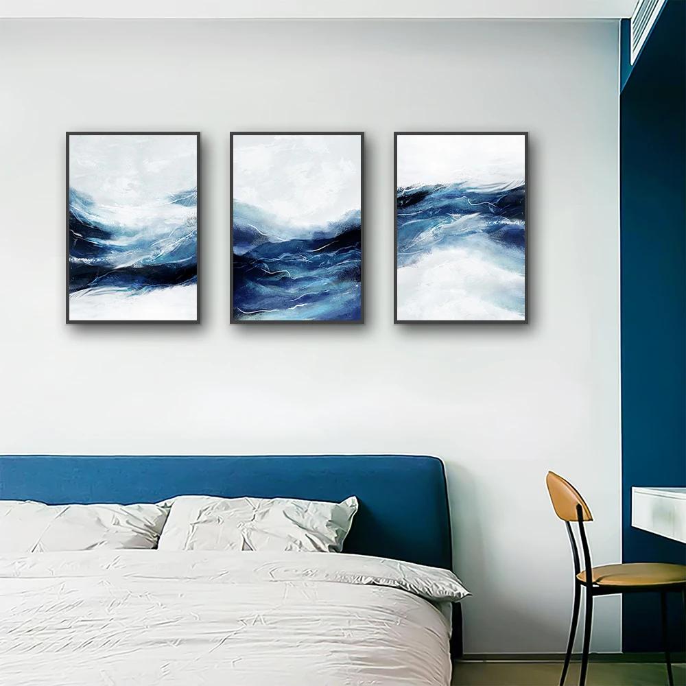 3-pcs Abstract White Black Blue Wave Poster Canvas Print Painting Wall Art Posters Bedroom Living Room Decoration Ideal Gifts