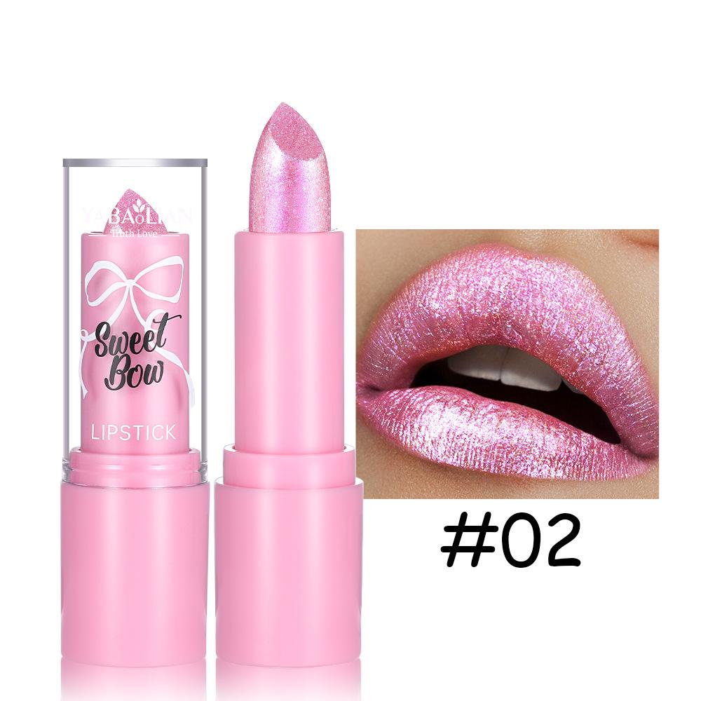 Bow Glitter Lipstick Bright Rose Pink Diamond Lipstick Mirror Pearlescent Shine Waterproof Long-Lasting Glossy Lip Tint Makeup