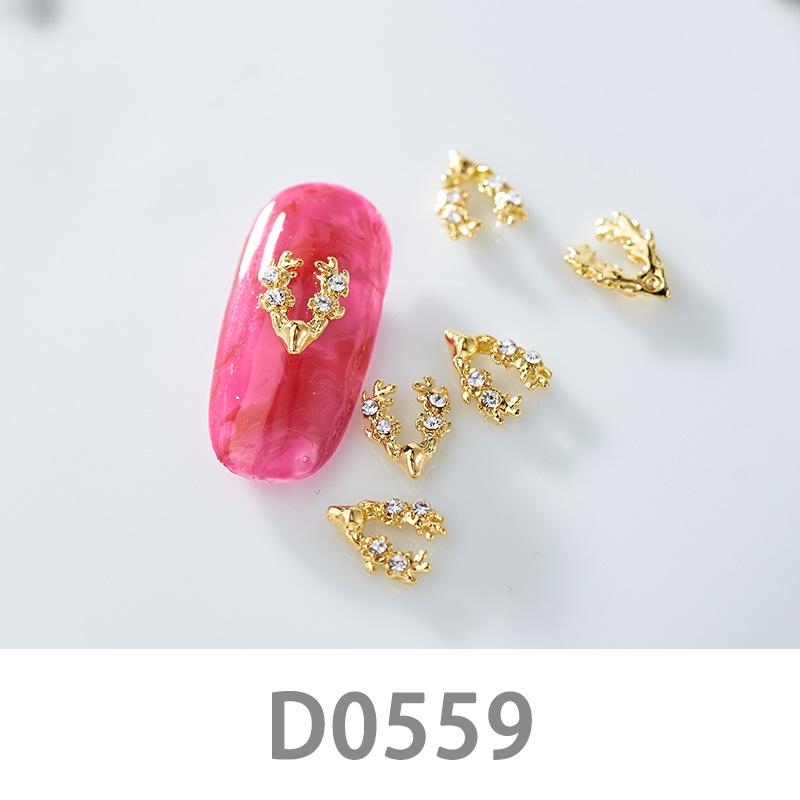 10Pcs Gold Silver Elk Antler Shape Alloy Diamond Nail Ornament Manicure Decoration Accessories