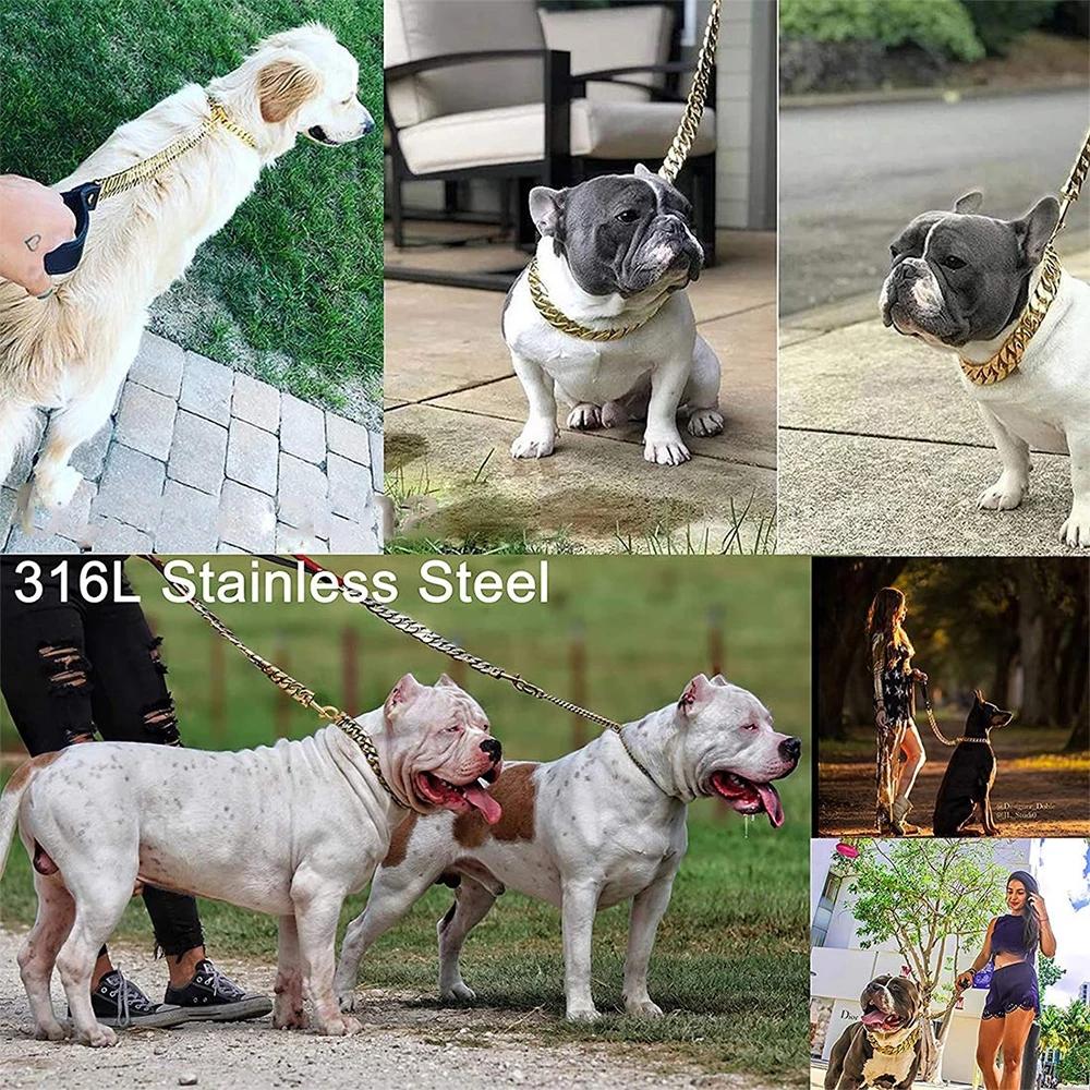 Strong Stainless Steel Dog Collar with Leash Suit, Metal Heavy Duty Pet Collars, Dogs Chain for Medium and Large Pets Accessorie