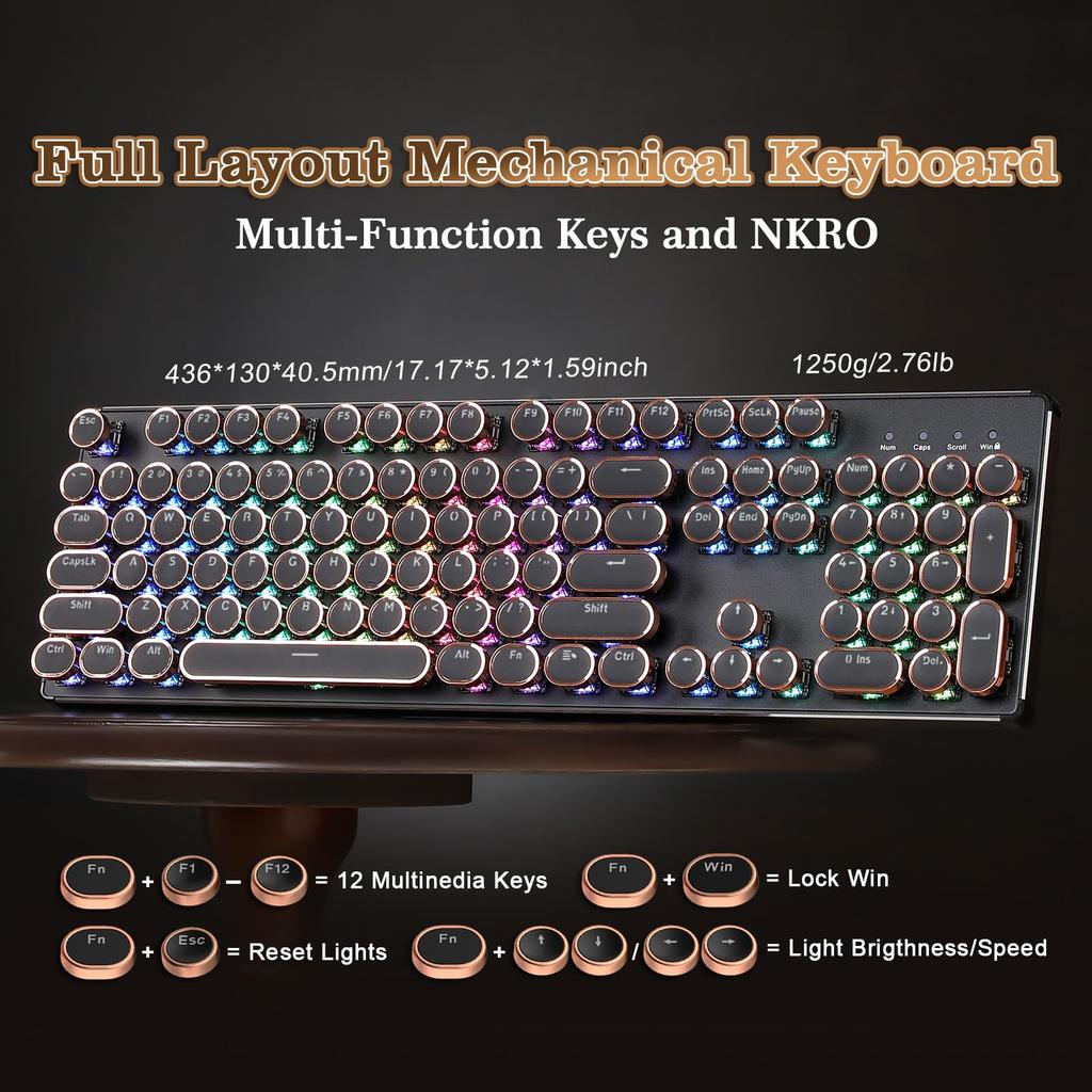 YUNZII QL108 Typewriter Mechanical Gaming RGB Metal Panel Round USB Wired Connection Onyx Keyboard, Full-Size, Hot-Swappable, Backlit, & Retro-Punk