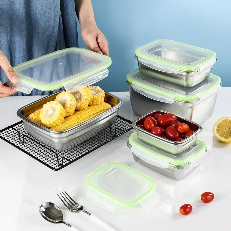 1pcs 304 Stainless Steel Lunch Box Food Storage Container Airtight  Transparent Lid Freshness Keeper for Fruits Cold Storage
