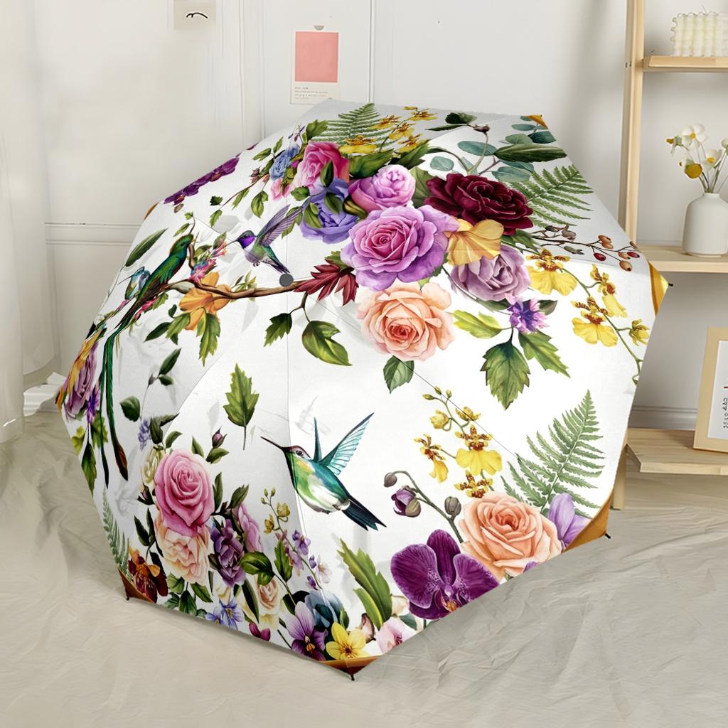 Floral Birds Mandala Design Outdoor Automatic Umbrella with 8-Rib Sturdy Construction for Outdoor Daily Use Compact Folding Umbrella