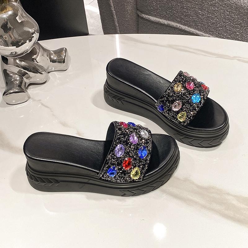 

Модная обувь Женские тапочки Платформа на танкетке Роскошные шлепанцы Женские каблуки Pantofle Летние Дизайнерские Высокие 2025 40 чёрный