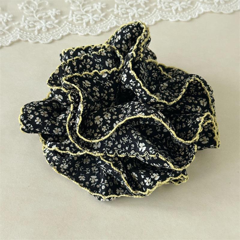 Intricate Floral Print Multi Ruffled Headwear Embroidered Edge Voluminous Hair Circles Baroque Romantic Style Hair Ties For Weddings Yellow/Black Floral