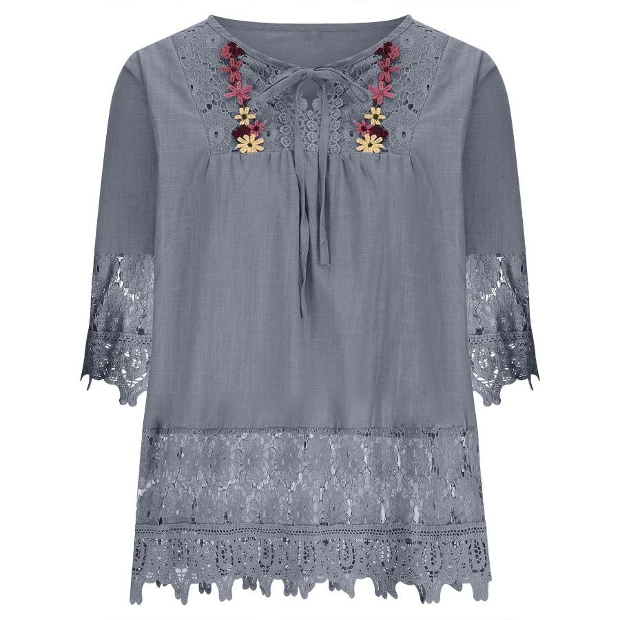 Bluză de vară pentru damă, din bumbac, din in, din dantelă, cu patchwork, Topuri elegante, cu decolteu în V, cu strângere, bluză pentru femei