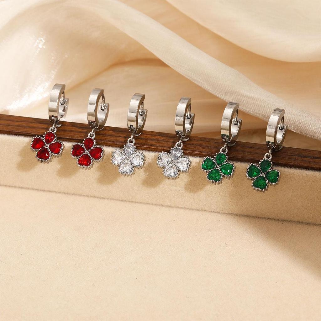 Stainless Steel Zirconia Four-Leaf Clover Hoop Earrings In Titanium Steel - High-End Luxury Style for Women