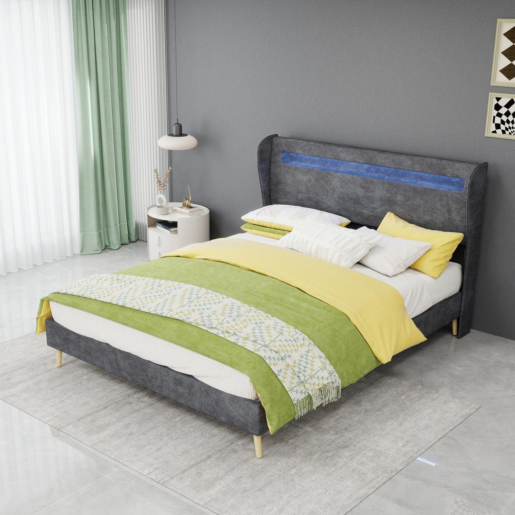 Minimalist Upholstered Bed with LED-Integrated Headboard, 140x200 cm, Grey, Low-Profile Non-Storage Base (Without Gas Lift), Mattress Not Included.
