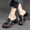 Damen Vintage Peep-Toe Mules - Obermaterial Rindsleder Slip-On Sandalen mit 6cm Blockabsatz, Minimalistische Offene Sommerschuhe