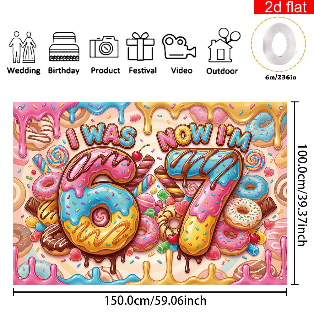 1 Piece 2D Banner | Birthday Party Background, Made of Polyester, Full of Desserts - "I Was 6 Years Old, Now I'm 7 Years Old"