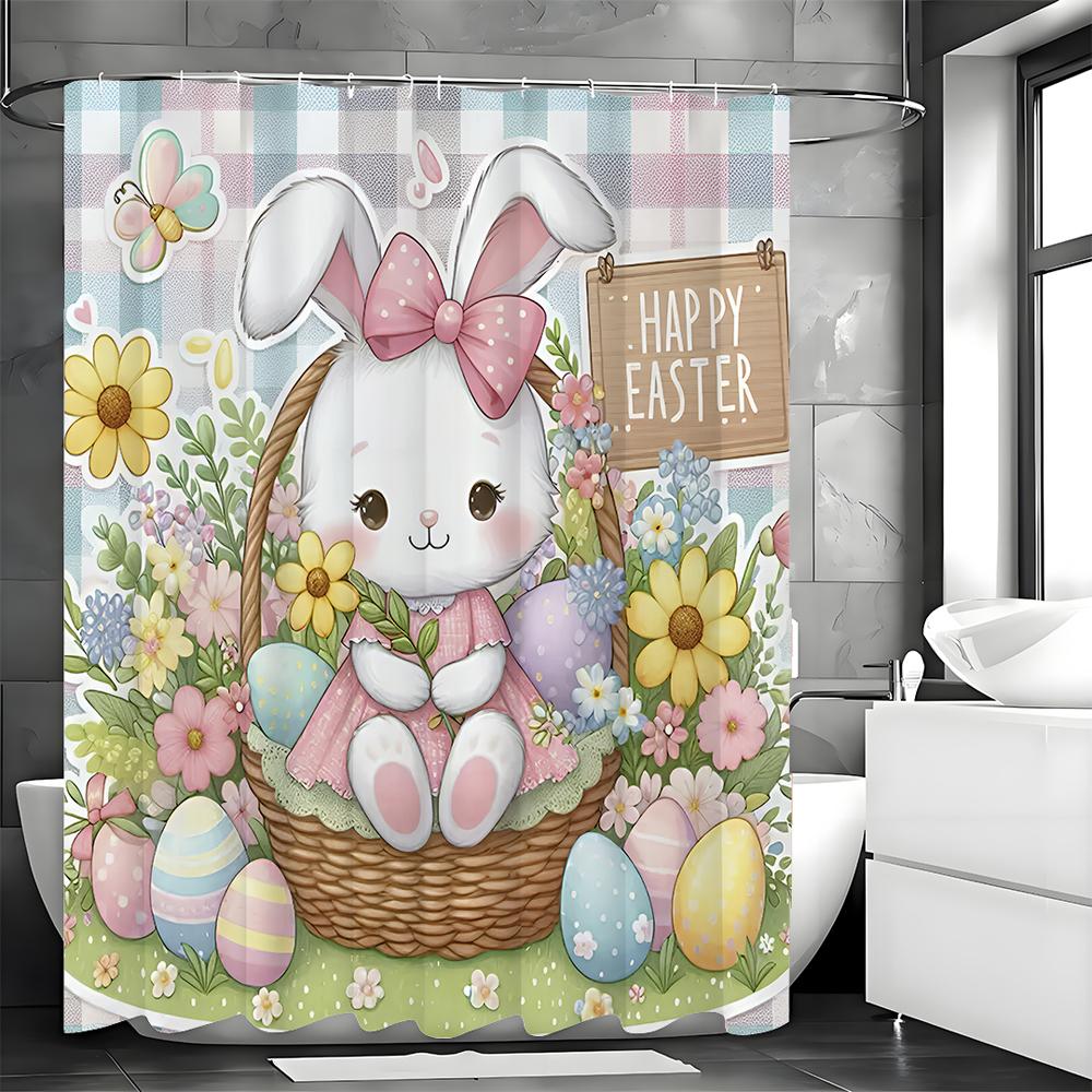 

Easter Cute Bunny Shower Curtain, Grunge Background Floral Egg Bow Bathroom Decorative Shower Curtain, Waterproof Shower Curtain 90*180cm