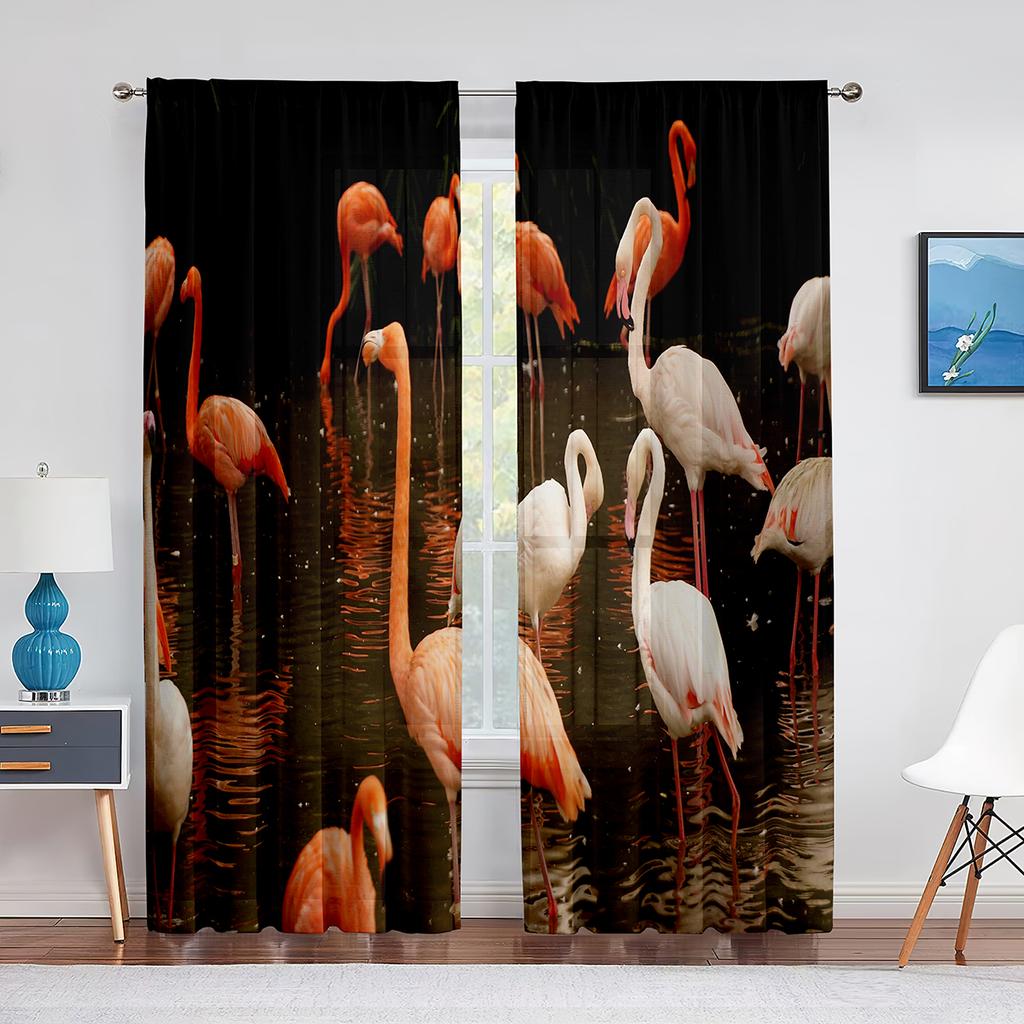Flock Pink Flamingos In The Water Sheer Voile Curtains for Living Room Bedroom Kitchen Window Drapes Chiffon Tulle Curtain Decor