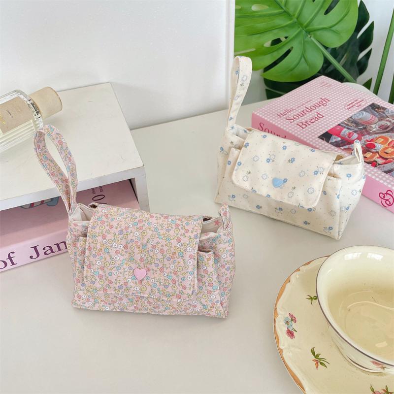 Print Floral Makeup Bag Snap Button Soft Cotton Cosmetic Pouch Flower Fabric Handle Layered Storage Bag School Students