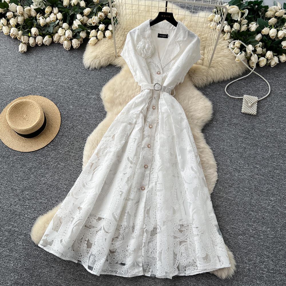 French light luxury lace three-dimensional flower hollow dress women's new high waist waist thin elegant temperament long dress