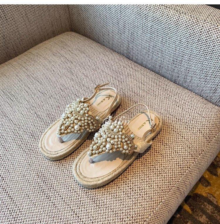 

Soft leather version~ flat sandals women s new rhinestone pearl woven Roman style toe beach shoes in summer 2025 35