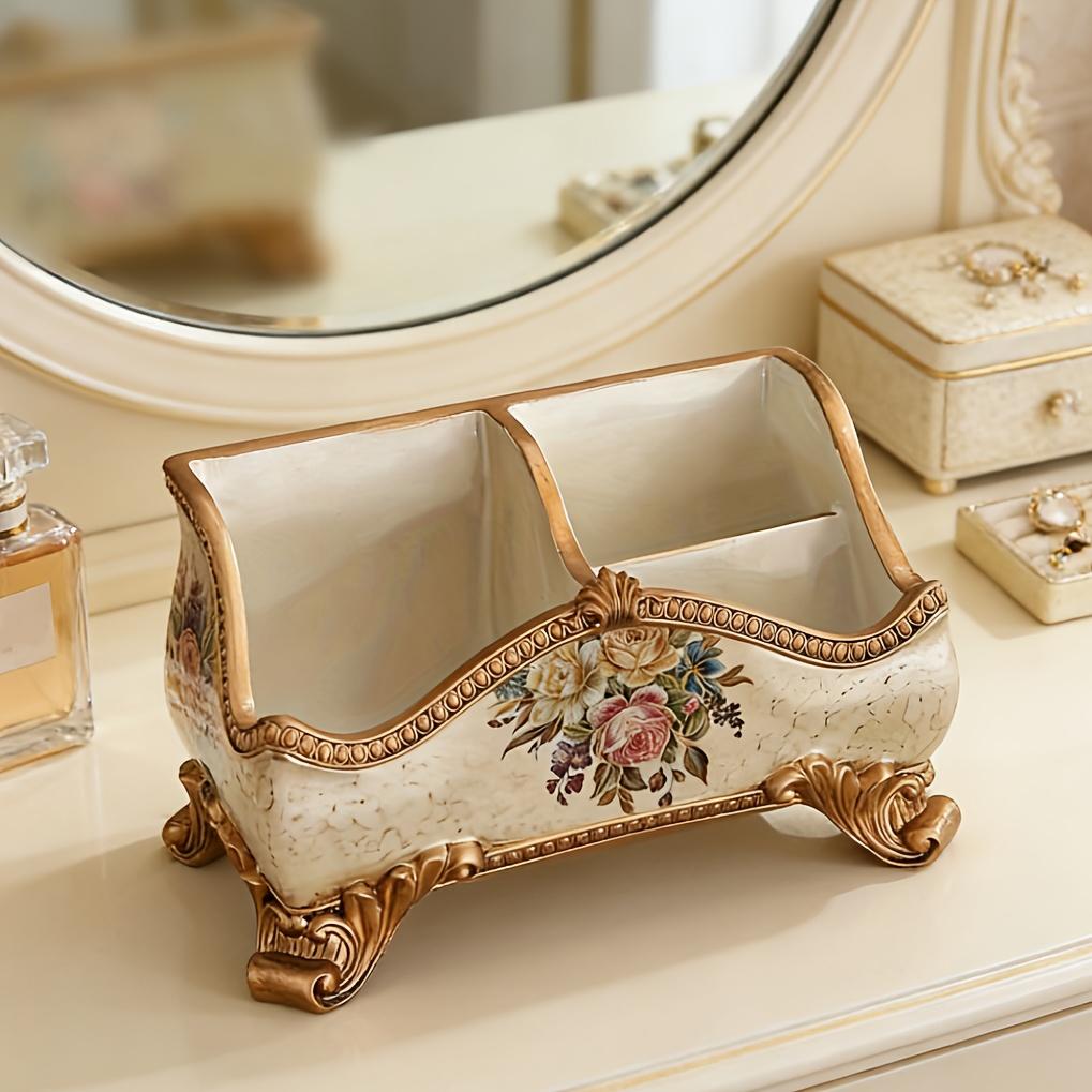 1PC Vintage Floral Pattern Resin Tray - Abstract Design Double Grid Remote Control Storage Rack and Desktop Organizer