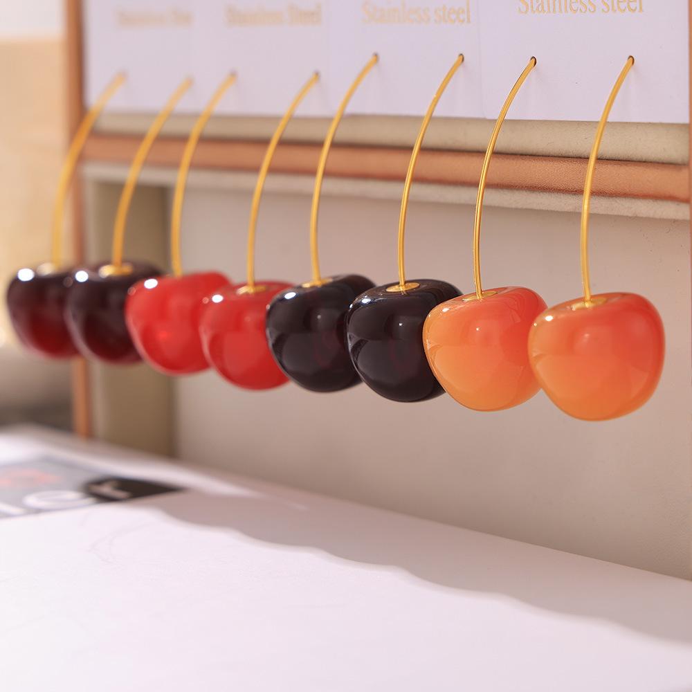 European & American Cherry Resin Stainless Steel Earrings for Women - Trendy & Creative Design