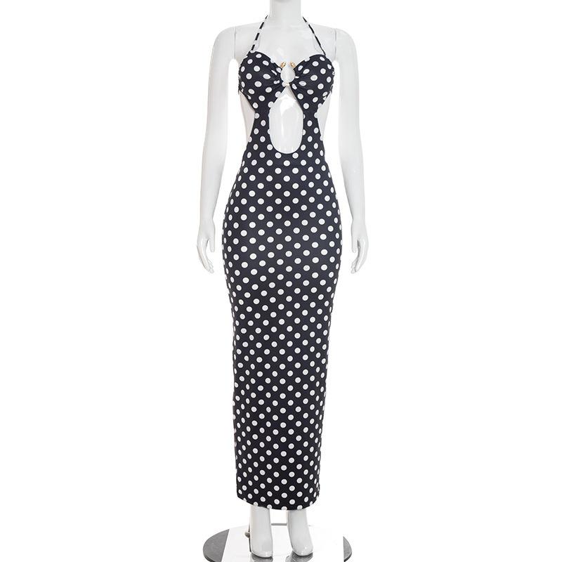 European and American Women's Clothing Autumn New Polka Dot Printing Sleeveless Neck Hollow Large Backless Strap Dress