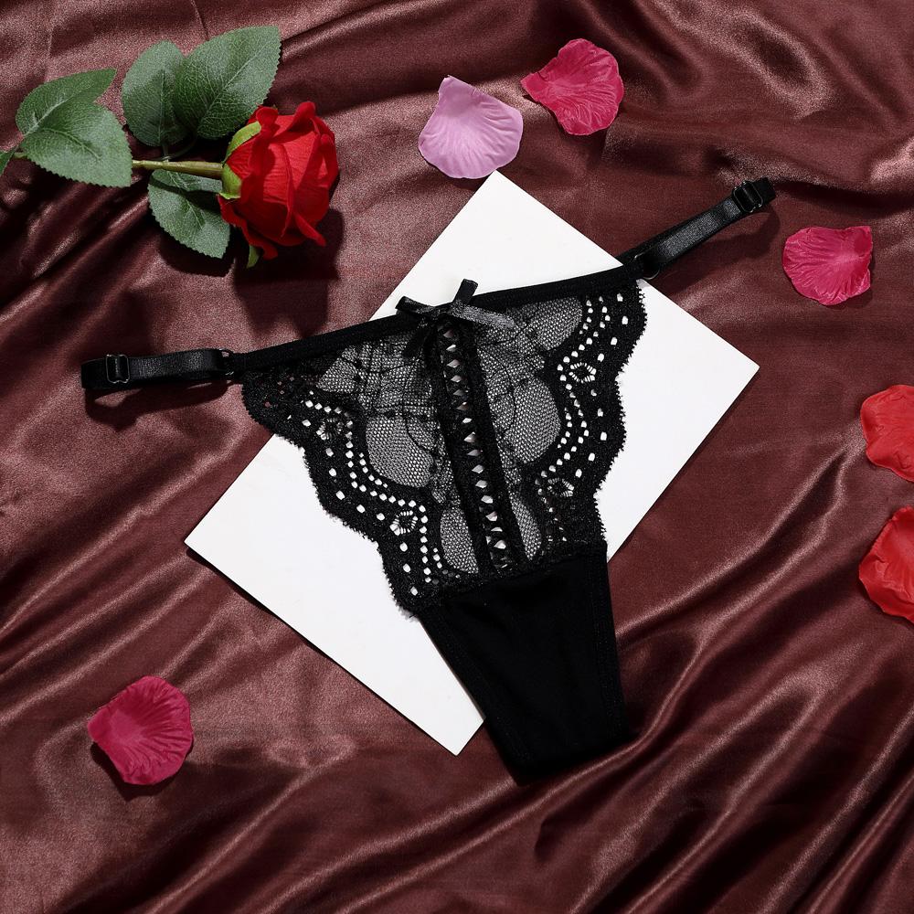 Women Thongs Lace Trim Elegant Sexy Adjustable Belt Panties Low Waist Butterfly Knot Ladies Transparent Mesh Lingeries